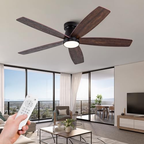 Image of 52 inch Black Flush Mount Ceiling Fans with Lights and Remote, Dimmable Black Bedroom Ceiling Fan with Lights, Walnut Low Profile Ceiling Fan with Light For Bedroom Outdoor, Reversible Quiet DC