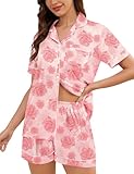 SWOMOG Womens Silk Satin Pajamas Set Short Sleeve Sleepwear Button Down Top and Shorts Loungewear 2 Piece Pjs Set XS-3XL(Pink Rose, Small)
