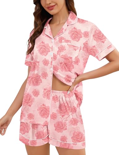 Image of SWOMOG Womens Silk Satin Pajamas Set Short Sleeve Sleepwear Button Down Top and Shorts Loungewear 2 Piece Pjs Set XS-3XL