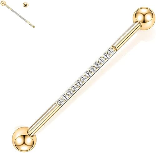 Groumh Industrial Bar Industrial Piercing Jewelry 14G Industrial Barbell Surgical Steel for Women Men with CZ/Pyramid/Cross Surface Cartilage Earring Body Piercing Jewelry 1 1/2 Inch 38mm (1PC 14G 38mm-Gold with CZ)