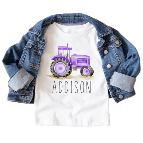 Personalized Tractor Toddler Shirt - Cute Custom Name Farmer - Purple Farm Tractor Tee - Boho Natural Kids Shirts2