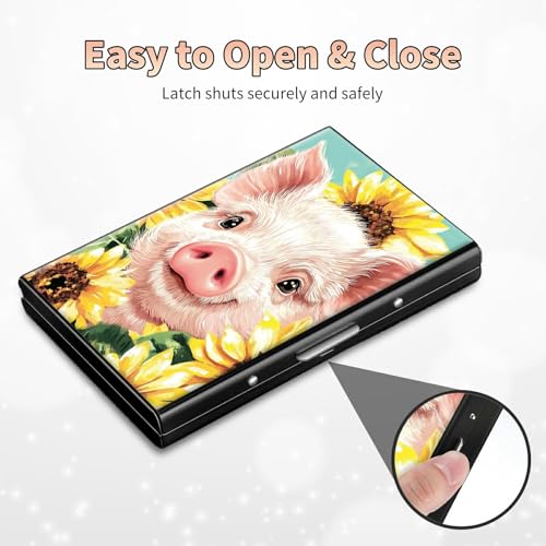 Image of Slim Credit Card Holder, Pig Sunflowers RFID Blocking Metal Wallet for Men & Women, Aluminum Minimalist Hard Case Pocket-Sized Business Cards Organizer (Fits Up to 10 Cards)