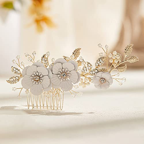 Aw Bridal Rhinestone Pearls Bridal Hair Comb White Flower Wedding Hair Pieces Pearl Hair Side Comb Wedding Hair Accessories For Brides (Silver) #TOP7