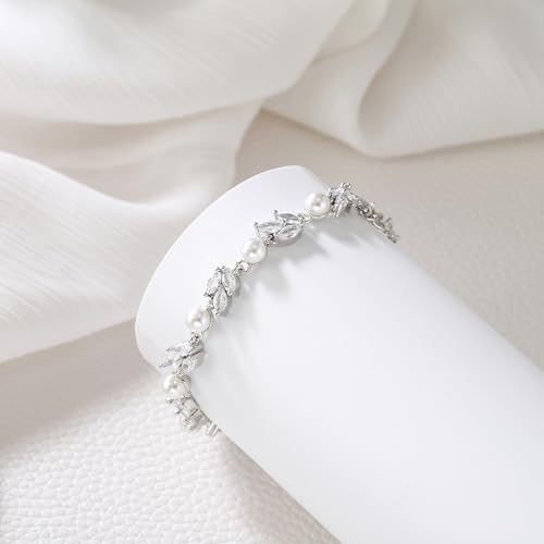 EleQueen Dainty Bridal Pearl Crystal Bracelet for Women, Charming Rhinestone Wedding Costume Party Bracelet for Bride Bridesmaid4