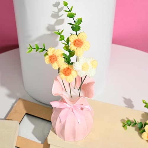 Image of Art Street Handmade Crochet Flower Bouquet in Pot | Yellow & White Knitted Artificial Flowers with Green Leaves & Ribbon | Cute Desk Decor for Home, Birthday, Anniversary