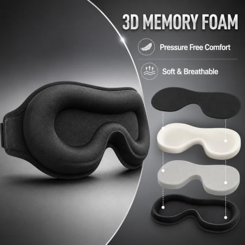 Image of 3D Black Eye Mask for Sleeping Men & Women | Memory Foam Sleep Mask with Adjustable Strap | 100% Blackout Eye Cover Blindfold for Side Sleepers | Soft Travel Sleeping Mask for Flight, Yoga, Office, Nap - Black