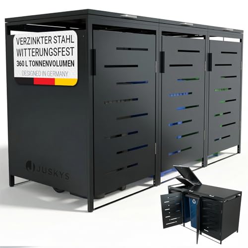 Juskys M&uuml;lltonnenbox Arel 3er - Metall Gartenbox f&uuml;r 120 BZW. 240 Liter M&uuml;lltonnen - Aufbewahrungsbox abschlie&szlig;bar - Unterstand mit Dach & Gasdruckfeder - Anthrazit
