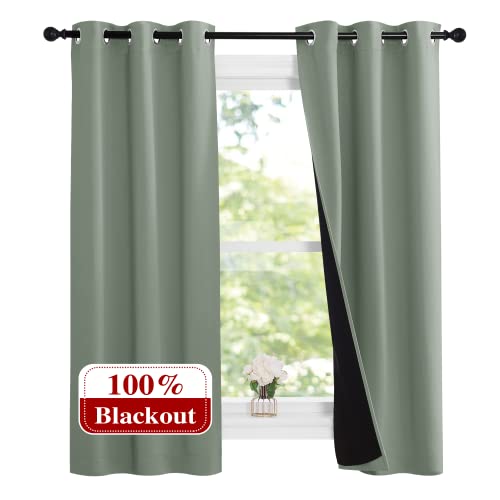 Image of NICETOWN Greyish Green 100% Blackout Lined Curtains, 2 Thick Layers Narrow Wide Window Treatment Panels Thermal Insulated Drapes for Kitchen Small Window (1 Pair, 37 inch Width x 63 inch Length Each Panel)