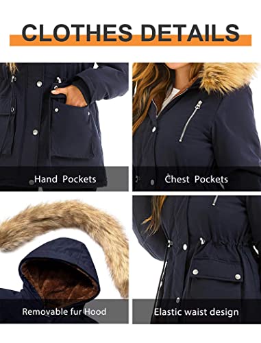 Garemcy Womens Winter Water-Reprllent Coat Thicken Puffer Jacket Warm Fleece Lined Parka With Fur Hood Coat Navy Medium #TOP5
