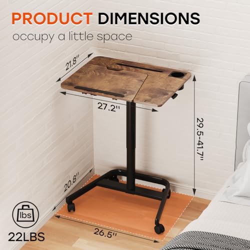 Image of JOY worker Mobile Standing Desk, Height Adjustable Table, 60 Tiltable Rolling Laptop Desk, Portable Sit Stand Desk with Wheels Cup Holder for Bed Couch Hospital, Holds Up to 22lbs, Rustic