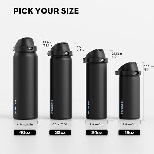 Image of POWCAN 24 oz Insulated Water Bottle: 2-in-1 Push-Button Spout & Quick-Flip Straw, Leakproof, Cold 24Hrs, Fits Car Cup Holder, Stainless Steel Water Bottle for Sports, Travel, School, Gift (Very Black)