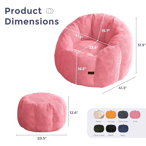 Image of MAXYOYO Giant Bean Bag Chair with Ottoman, Pumpkin-Shaped Bean Bag Sofa with Footstool, Oversized Boneless Couch Chair in a Box, Comfy and Lazy Lounge for Dorm, Living Room, Bedroom, Pink