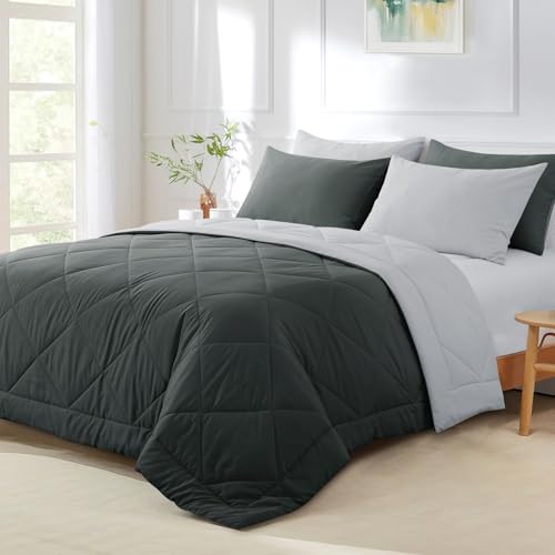 Aisbo Coverless Duvet King Size 4.5 Tog - 230 x 220cm Dark Gray Summer Duvet Cosy and Lightweight Quilt Reversible Comforter with 2 Pillowcases Dark Grey/Light Grey