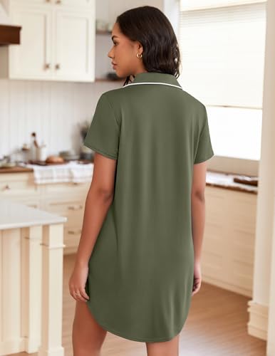 Ekouaer Nightgowns for Women Button Down Sleepshirts Short Sleeve Nightshirt V Neck Boyfriend Sleepdress Soft pajamas, Army Green, S — view 3