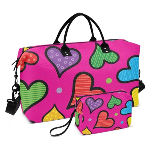Bolaz Duffle Bag for Travel-Colorful Heart on Red ，Weekender Overnight Bag with Wet Pocket for Women，Large Carry On Airport Bag with Toiletry Bag for Travel, Business Trips, Sports