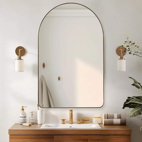 Image of ANDY STAR Arched Mirror, 22 inch x 35 inch Gold Bathroom Mirror in Stainless Steel Metal Frame, Arch Top Rounded Corner 1 inch Deep Set Design Wall Mount Hangs Vertical