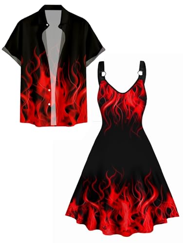 Image of DRESSFO Couple Matching Hawaiian Outfits Gothic Print V Neck Spaghetti Strap Dress or Roll Up Sleeve Shirts Outfit