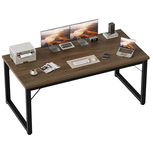 Image of Mericonia 54 Inch Computer Desk, 1 inch Thick Large Office Table, Walnut | Modern Simple Style, Heavy Duty Industrial Frame, Study & Writing Table for Home Bedroom Work