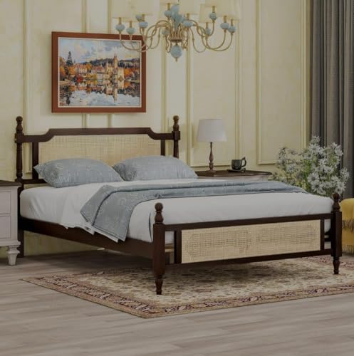 Image of Janghu Furniturewala Solid Sheesham Wood Classic Colonial Bed with Dual Cane Jali Work | Handcrafted Wooden Double Bed with Rattan Headboard & Footboard | Walnut Finish (King)