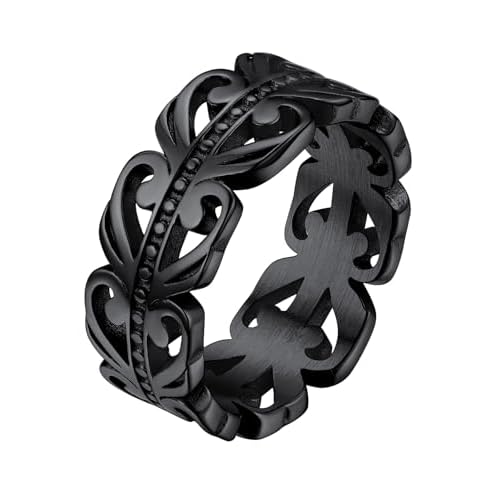 FaithHeart Celtic Knot Band Rings for Men Women, Stainless Steel/18K Gold Plated Viking Wedding Bands with Delicate Gift Packaging 01. Vintage Pattern-Black 12