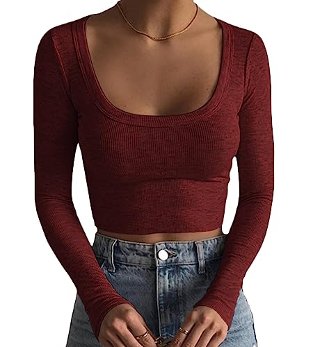 Minetom Damen Langarm T-Shirt mit Quadratischer Ausschnitt Basic...