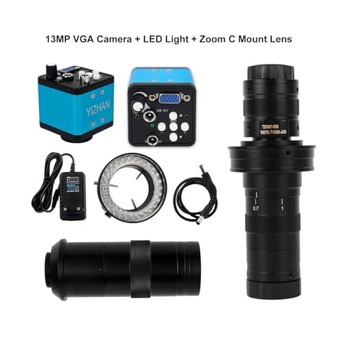 Industrial Digital 13MP 1080P VGA Camera Microscope Camera + 130X Zoom 0.7-4.5X 180X Adjustable Zoom C Mount Lens LED Ring Light(Camera-130X)