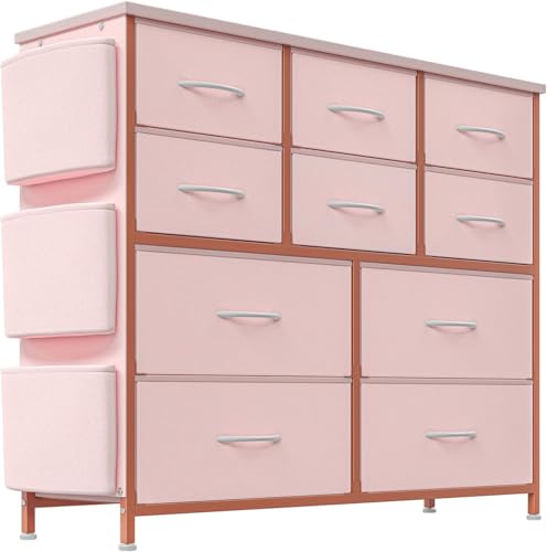 Image of Dresser for Bedroom, 10 Drawers Fabric Storage Drawer, Dressers & Chest of Drawers with Side Pockets, Hooks, Wood Tabletop for Closet, Living Room, Hallway (Pink)