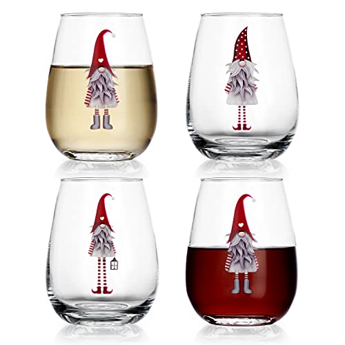 Elegant Home Set Of Four (4) 20Oz Holiday Festive Gnomes Christmas Stemless Clear Wine Glass For Red Or White Wine #TOP1