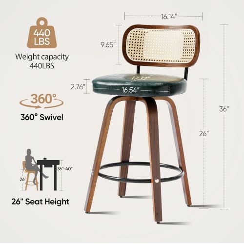 Image of Rattan Bar Stools Set of 2,Upholstered PU Leather, 26'' Counter Height Barstools with Back and Wood Legs,360Swivel,Mid-Century Modern Bar Stool for Kitchen Island Dining Room and Bar(Dark Green)