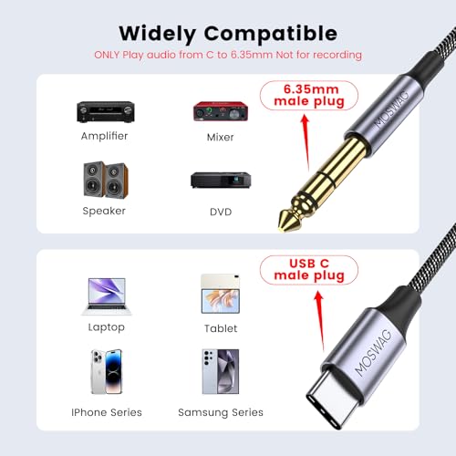 Image of MOSWAG USB C to 6.35mm 1 /4 inch TRS Cable 3.28FT /1Meter,Type C to 1 /4 Audio Adapter Aux Jack Stereo Cable for Google Pixel 4XL,Galaxy Note 10+ /S20+,Amplifier,Speaker,Headphone,Mixing Console-Black