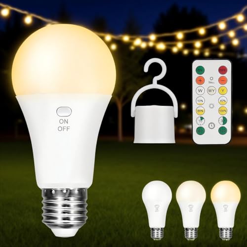 Kambo Ampoule LED E27, Batterie rechargeable avec télécommande, 7W dimmable, minuterie, 3 températures de couleur, lumière sans alimentation, camping, 1...