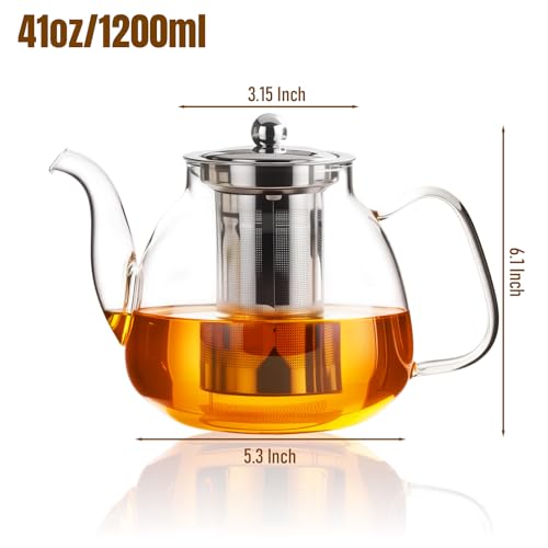 Image of PARACITY Glass Teapot Stovetop 40 OZ /1200ml, Tea pot with Removable 18 /8 Stainless Steel Infuser, Borosilicate Clear Tea Kettle, Teapot Blooming and Loose Leaf Tea Maker Tea Brewer for Camping