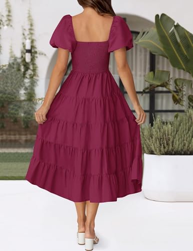 Image of ZESICA Women's 2026 Summer Puff Sleeve Midi Dress 2026 Boho Solid High Waist Flowy Beach Wedding Guest Long Dresses