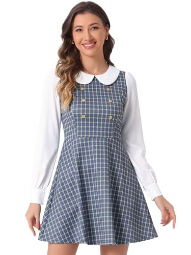 Image of Allegra K Women's Peter Pan Collar Contrast Color Button Decor A-Line Preppy Plaid Mini Dress