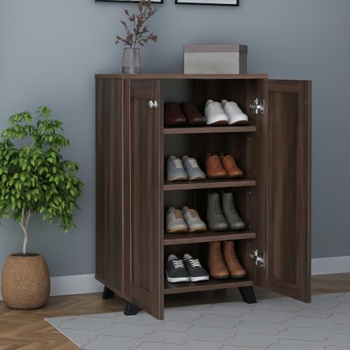 Image of 2-Door Engineered Wood Shoe Rack, 4-Tier Wooden Shoe Rack for Entryway, Shoe Storage Cabinet with Doors Adjustable Shelves, Wooden Shoes Rack Organizer (Brown, 2 Door)