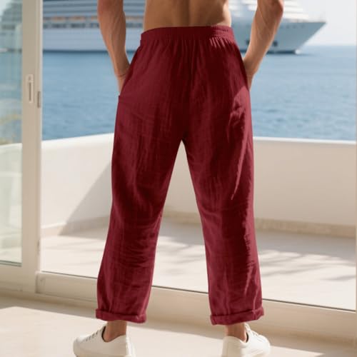Mens Linen Pants Elastic Waist Drawstring Loose Fit Beach Lounge Trouser Solid Color Casual Lightweight Baggy Pants3