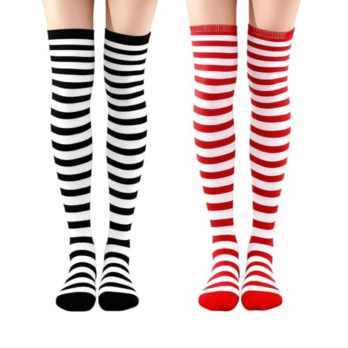 2Pairs Christmas Striped Socks, Xmas Elf Socks Long Knee High Socks Stretchy Red White Soft Black White Stripe Stocking Stuffers for Women Girls Christmas Costume Holiday Cosplay Birthday Gift