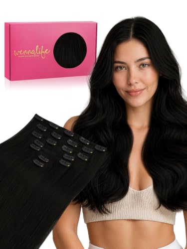 WENNALIFE Clip in Hair Extensions Real Human Hair, Seamless and Natural Blending, Soft &amp; Tangle-Free, No Shedding, Adds Length &amp; Volume Instantly, 24 Inch 120g 7pcs Jet Black