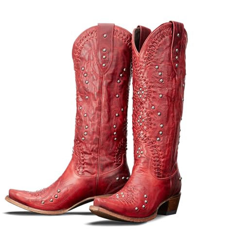 Cowboy Boots for Women- Knee High Western Cowgirl Boots Pointed Toe Chunky Heel Pull on Zipper Fashion Vintage Embroidered Country Shoes