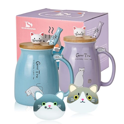 SHENDONG 2 Pack Cat Mugs Cute Ceramic Coffee Cups Set of 2 with Kawaii Bamboo Lid and Spoon Novelty Morning Cup Coffee Milk Tea Mugs