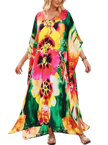 Image of Moss Rose Kaftan Dresses for Women V Neck Summer Swimsuit Cover up Caftan Maxi Beach Dresses