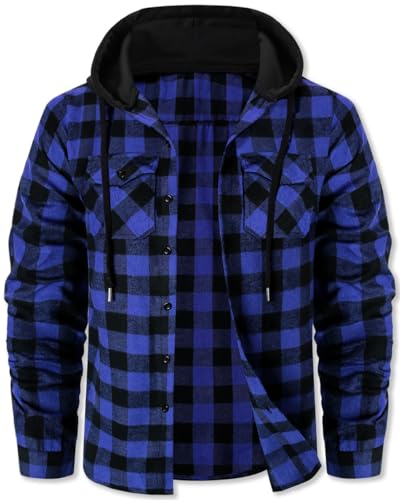 Image of Cromoncent Men Flannel Hoodie Plaid Button Down Jacket Long Sleeve Shirts