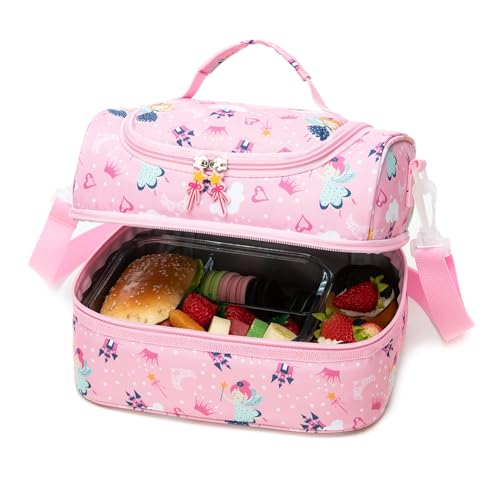 Image of Insulated Kids Dual Compartment Lunch Bags for Girls Toddler School Daycare Cooler Lunch Boxes Bento with Strap Pink Fairy