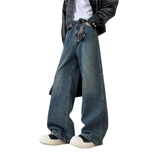 Men Wide Leg Jeans High Waisted Textured Denim Pants Casual Loose Fit Streetwear Trousers