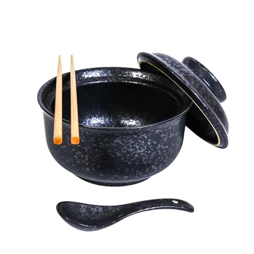 Ceraozmus Ensemble de bols Ramen en céramique 800 ml avec couvercle, cuillère et baguettes, grands bols à soupe japonais vintage bol de nouilles...