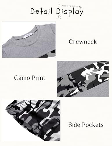 Image of Arshiner Boys' 2-Piece Cotton Outfit Color Block T-Shirt and Shorts Set Summer Camo Clothes for Kids 5-14 Years
