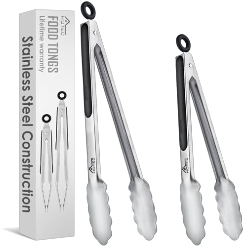 HOTEC Küchenzange Edelstahl Grillzange Hitzebeständigem Silikongriff, Verriegelbare Metallzange, Rutschfester Griff, 23 cm und 30,5 cm(Schwarz)