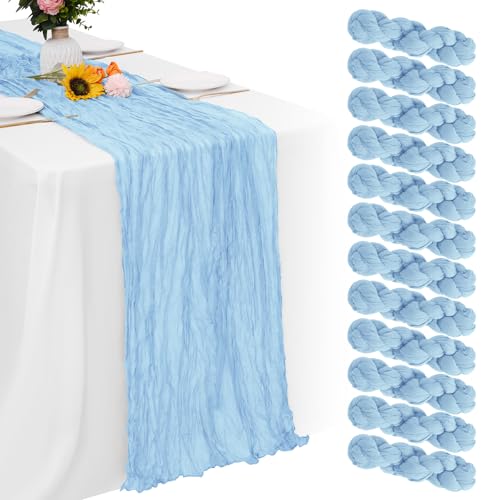 Aktor 12 Pack Light Blue Table Runner Boho Cheesecloth Table Runner Semi Sheer Gauze Fabric Runners for Wedding Birthday Baby Shower Party Boho Table Decoration?Light Blue?