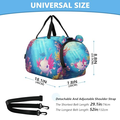 Underwater Cute Pink Axolotl Sports Duffle Bag for Teens Girls Boys, Gym Bag with Shoe Compartment, Kids Travel Overnight Weekender Shoulder Bag3