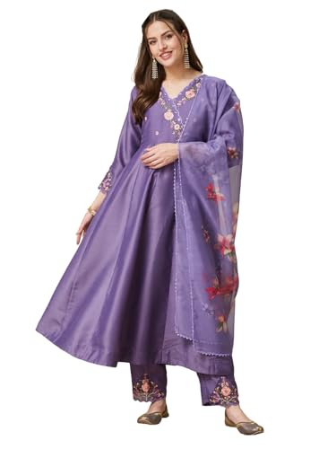 Image of MOKOSH Women's Silk Blend Embroidered Anarkali Kurta Pant with Dupatta | Anarkali Kurta Pant With Dupatta | V Neck 3 /4 Sleeve | Ethnic Wear | Floral Kurta 3 Color Available